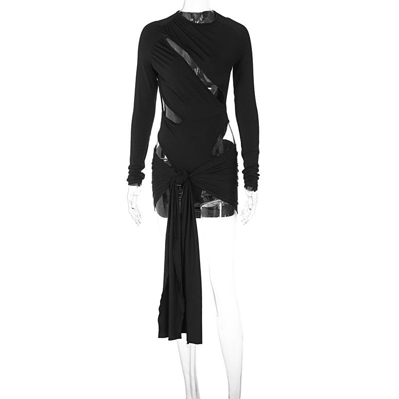 acelimosf™-Long sleeve solid hollow out button bodysuit mini dress skirt set