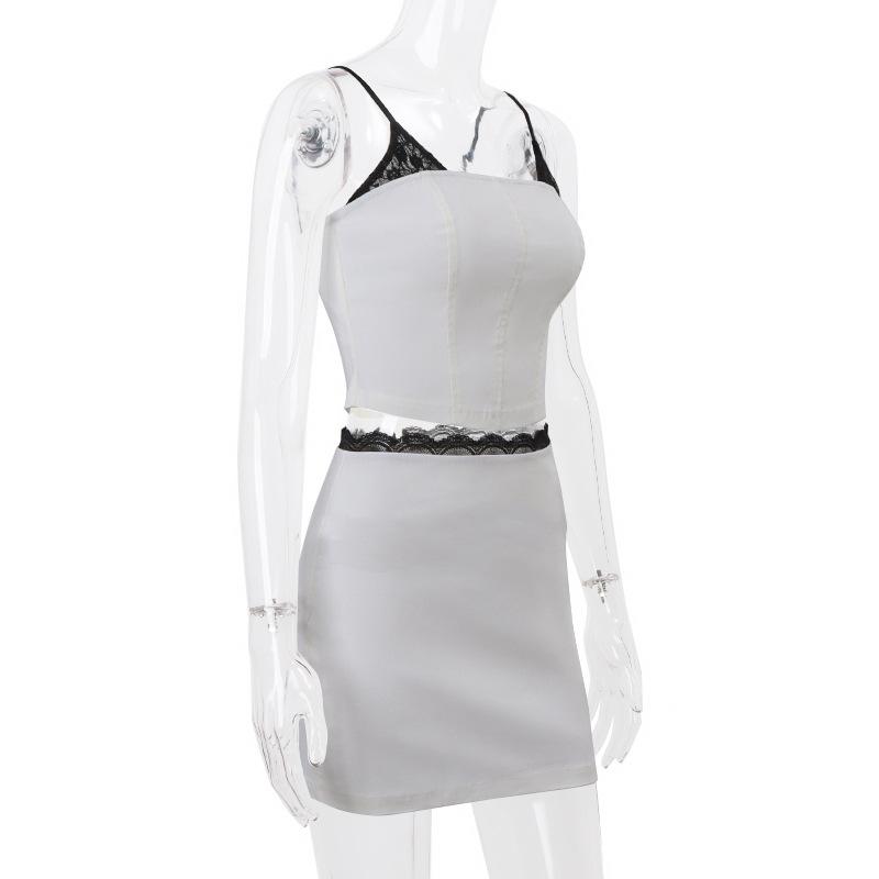 acelimosf™-Square neck lace patchwork zip-up backless contrast mini skirt set