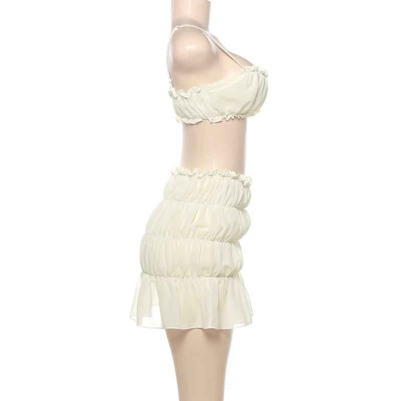 acelimosf™-Ruffle ruched solid cami mini skirt set