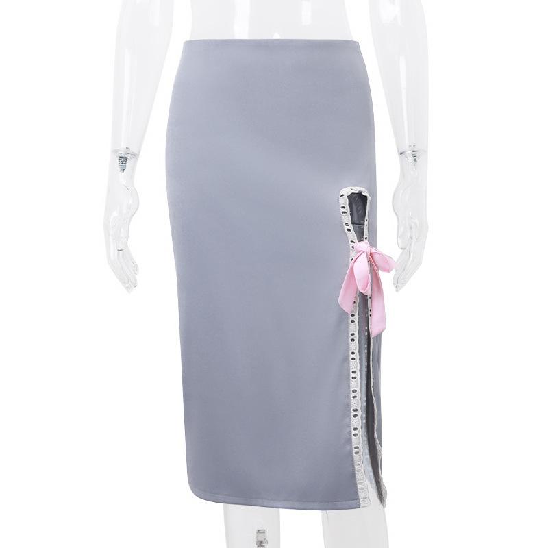 acelimosf™-Bowknot slit lace hem denim zip-up hollow out irregular midi skirt