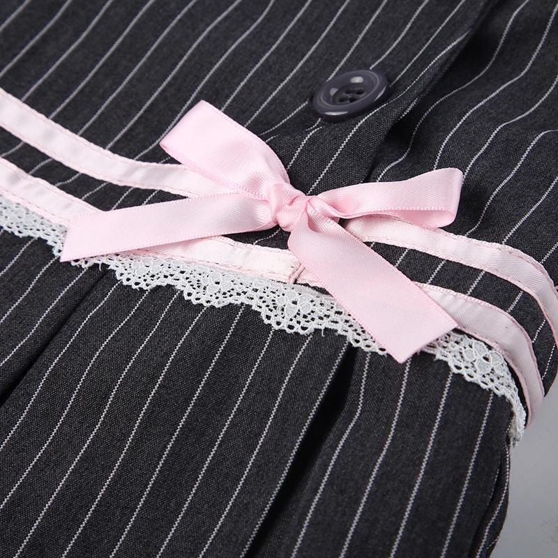 acelimosf™-Bowknot lace hem pleated button striped print mini skirt