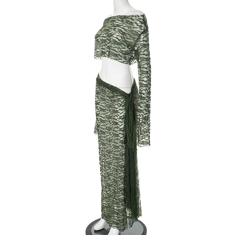 acelimosf™-Long sleeve lace see through irregular maxi skirt set