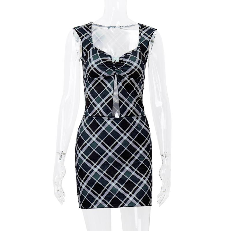 acelimosf™-Cap sleeve plaid bowknot slit mini skirt set