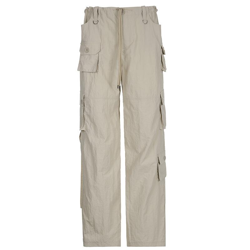 acelimosf™-Cargo pocket drawstring solid button adjustable waist wide leg pant