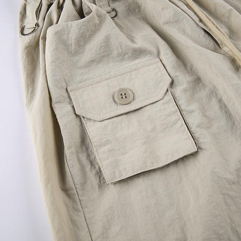 acelimosf™-Cargo pocket drawstring solid button adjustable waist wide leg pant