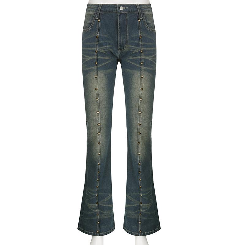 acelimosf™-High rise beaded contrast flared jeans grunge 90s Streetwear Disheveled Chic Fashion grunge 90s Streetwear Distressed Fashion