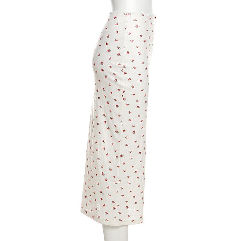 acelimosf™-Flower print u neck sleeveless low rise lace hem midi skirt set
