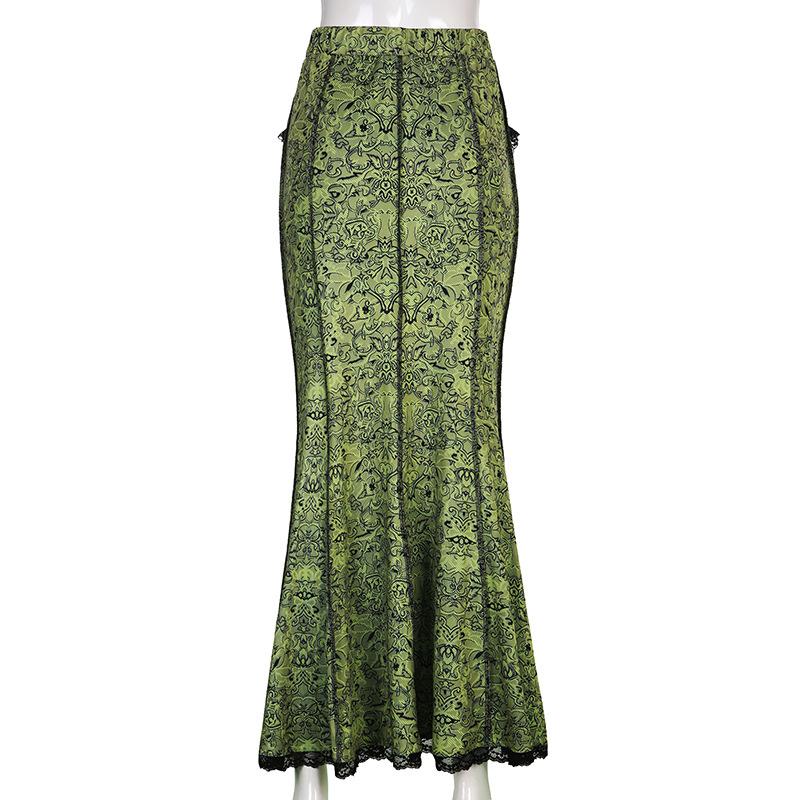 acelimosf™-Stitch lace hem abstract contrast maxi skirt