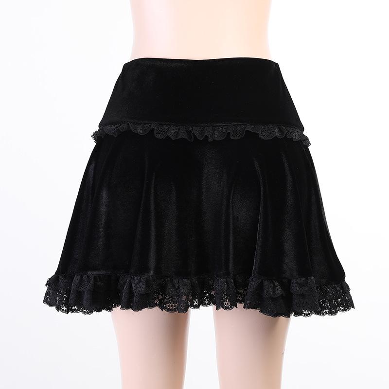 acelimosf™-Solid A line lace hem spider web pattern mini skirt y2k 90s Revival Techno Fashion