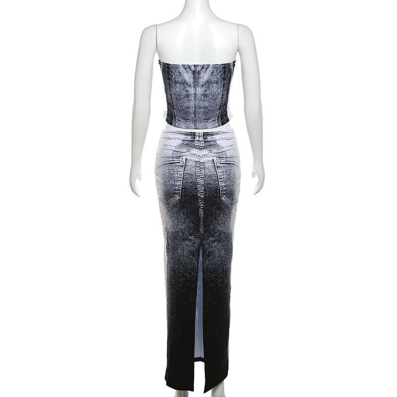 acelimosf™-Contrast denim print slit backless tube maxi skirt set