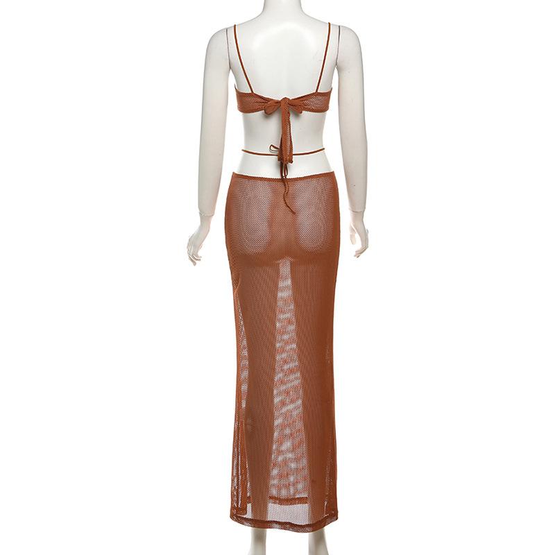 acelimosf™-See through bowknot knotted hollow out cami maxi skirt set