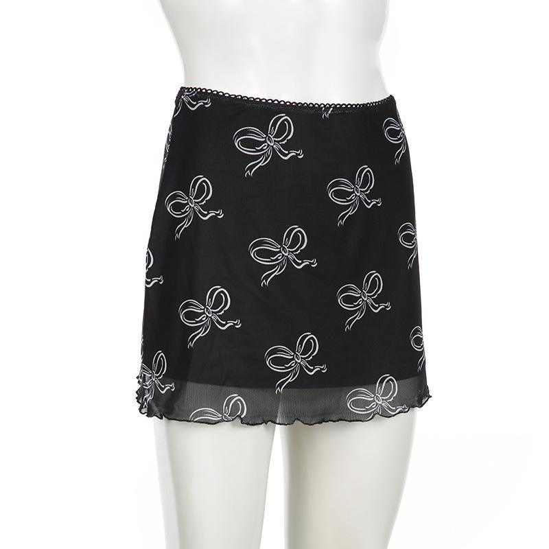acelimosf™-Bowknot print mesh mini skirt