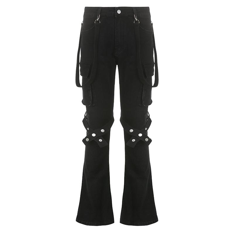 acelimosf™-Button cargo pocket ribbon low rise solid jeans y2k 90s Revival Techno Fashion