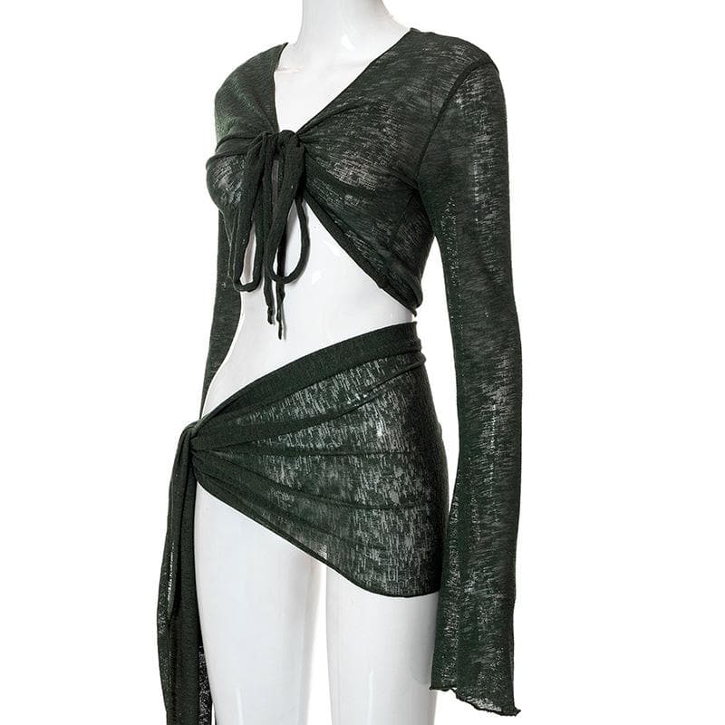 acelimosf™-Sheer mesh see through v neck knotted irregular long sleeve skirt set y2k 90s Revival Techno Fashion