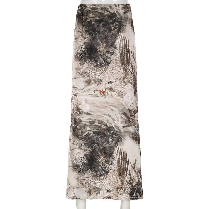 acelimosf™-Tree print contrast low rise maxi skirt grunge 90s Streetwear Disheveled Chic Fashion grunge 90s Streetwear Distressed Fashion