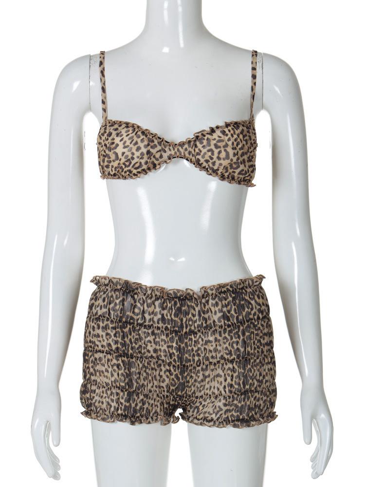 acelimosf™-Leopard print ruffle ruched crop chiffon cami pant set