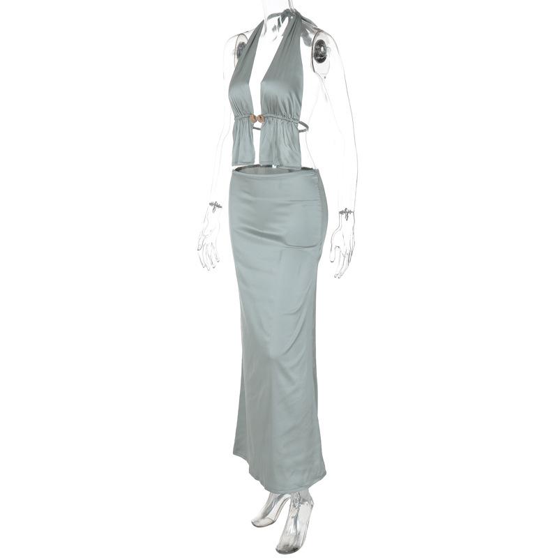 acelimosf™-Halter metal button satin backless maxi skirt set