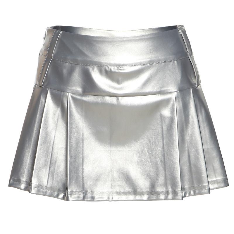 acelimosf™-Zip-up metallic pleated medium rise solid mini skirt y2k 90s Revival Techno Fashion