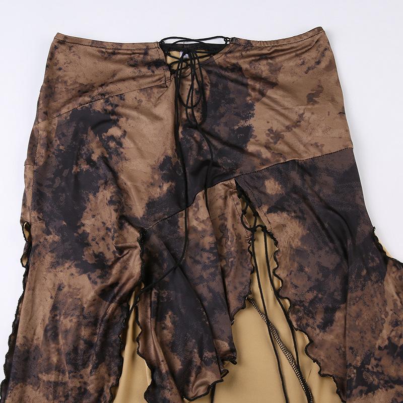 acelimosf™-Tie dye irregular self tie slit contrast lace up low rise midi skirt grunge 90s Streetwear Disheveled Chic Fashion grunge 90s Streetwear Distressed Fashion