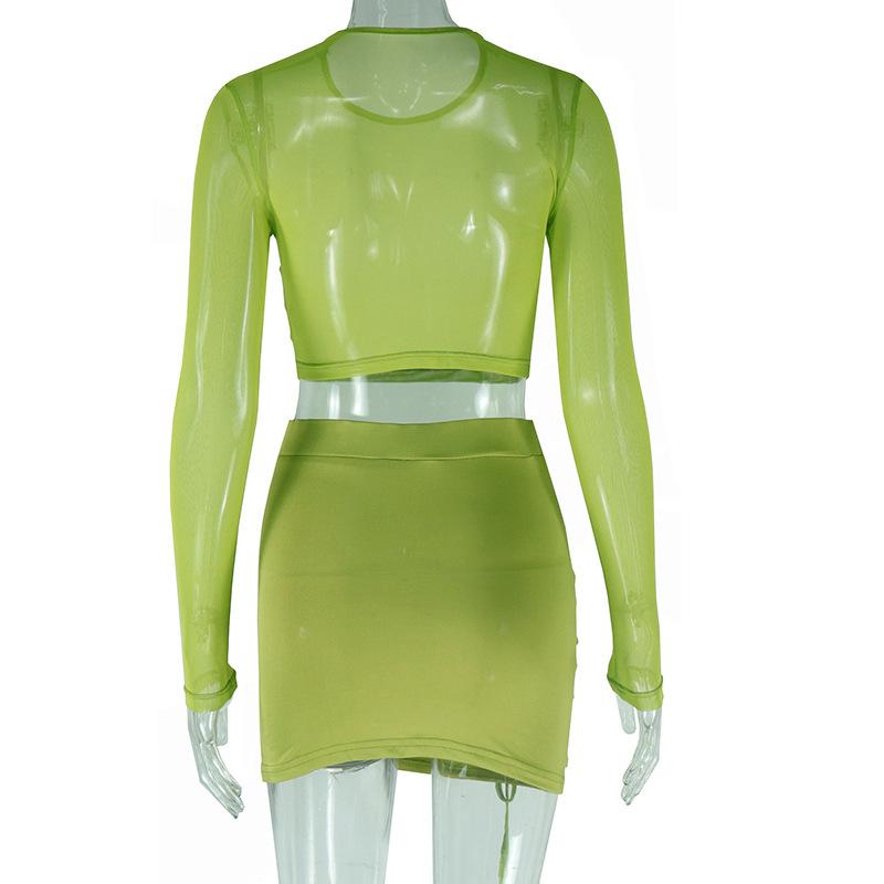 acelimosf™-Long sleeve mesh see through knotted mini skirt set