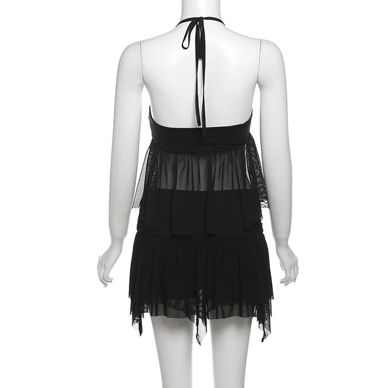 acelimosf™-Halter ruffle mesh v neck ruched mini skirt set