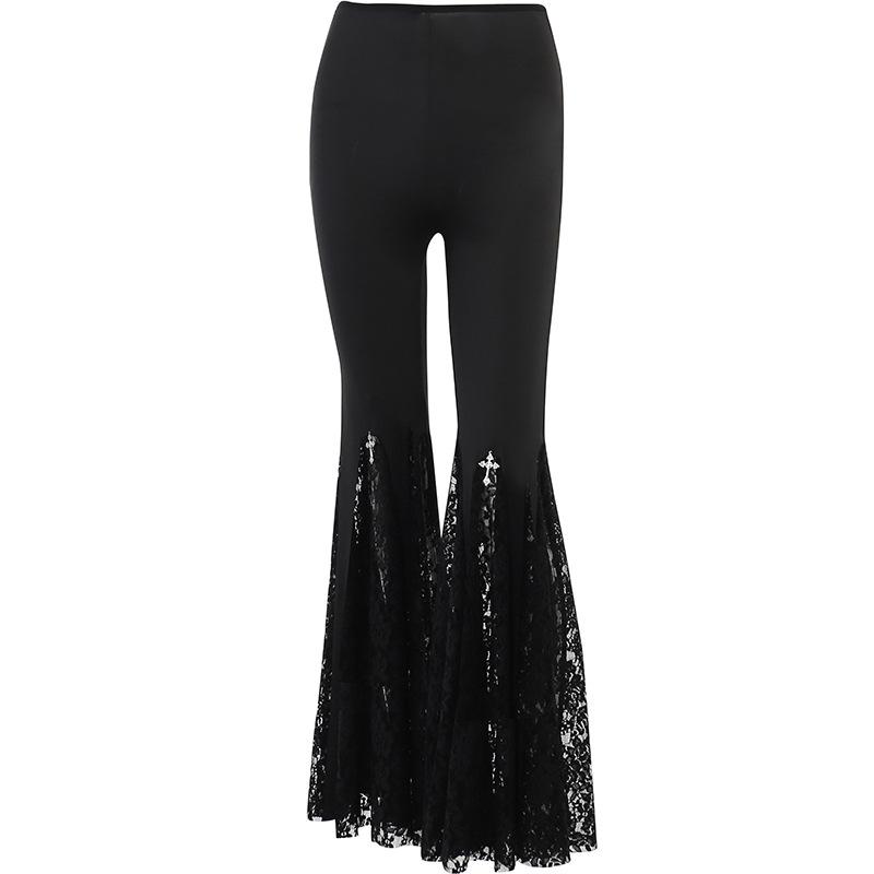 acelimosf™-Lace patchwork solid cross applique flared pant y2k 90s Revival Techno Fashion
