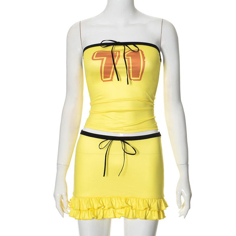 acelimosf™-Halter knotted "71" print ruffle tube mini skirt set