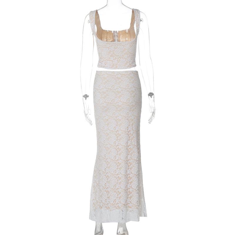 acelimosf™-U neck lace bustier button cami maxi skirt set