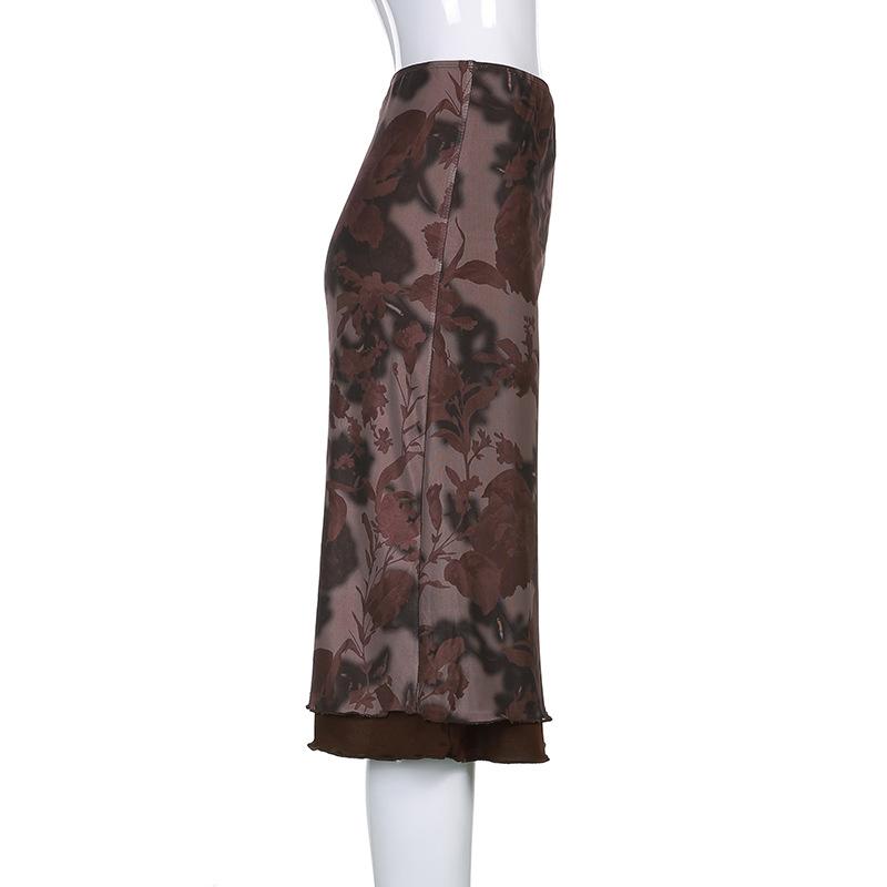acelimosf™-Mesh flower pattern low rise contrast ruffle midi skirt grunge 90s Streetwear Disheveled Chic Fashion grunge 90s Streetwear Distressed Fashion