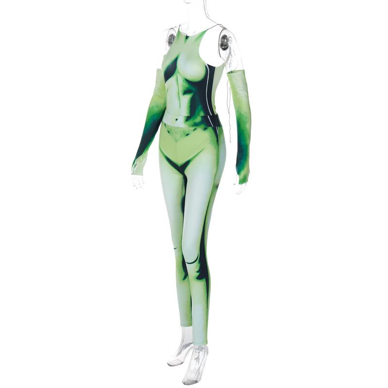 acelimosf™-Body pattern contrast gloves self tie backless bodysuit pant set cyberpunk Sci-Fi Fashion