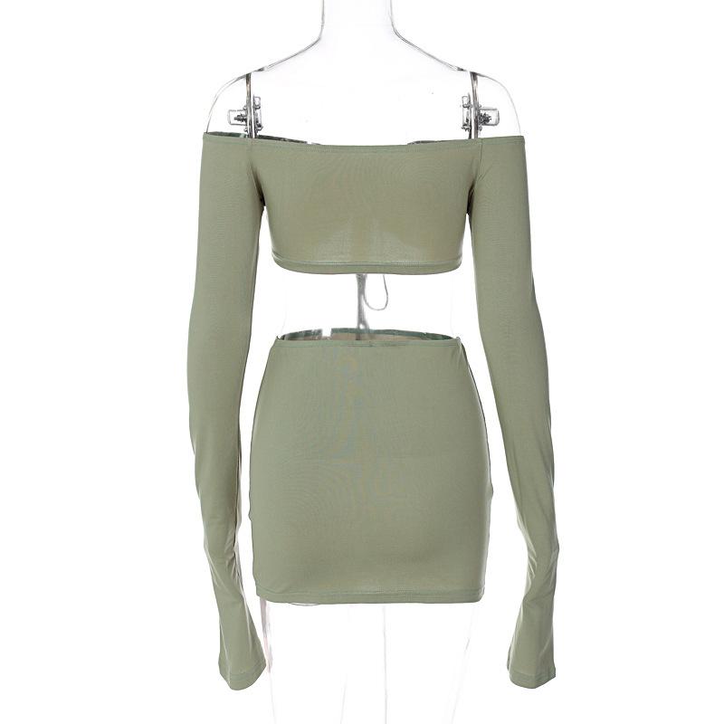 acelimosf™-Drawstring off shoulder long sleeve solid mini skirt set