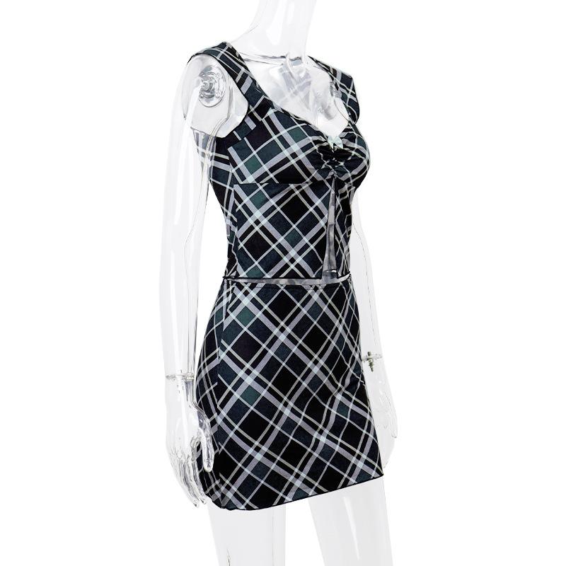acelimosf™-Cap sleeve plaid bowknot slit mini skirt set
