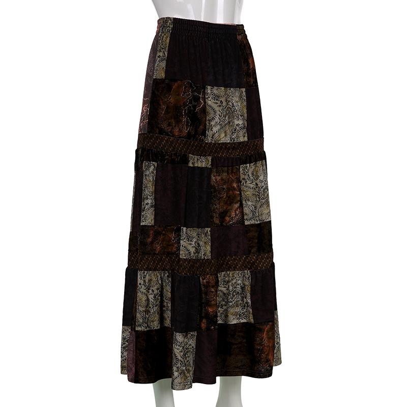 acelimosf™-Patchwork contrast ruched medium rise maxi skirt grunge 90s Streetwear Disheveled Chic Fashion grunge 90s Streetwear Distressed Fashion