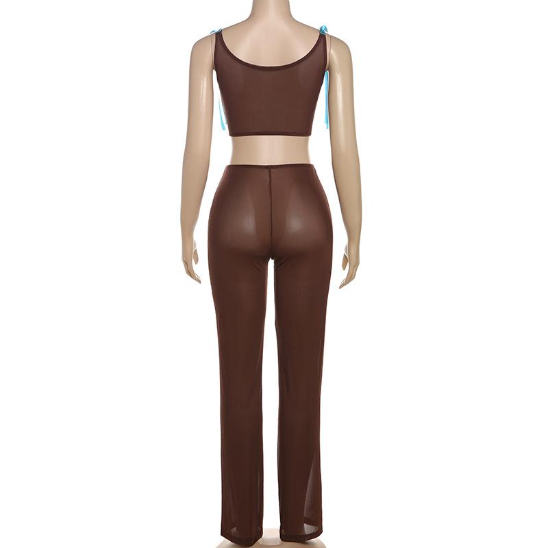 acelimosf™-Bowknot applique sheer mesh self tie tank pant set