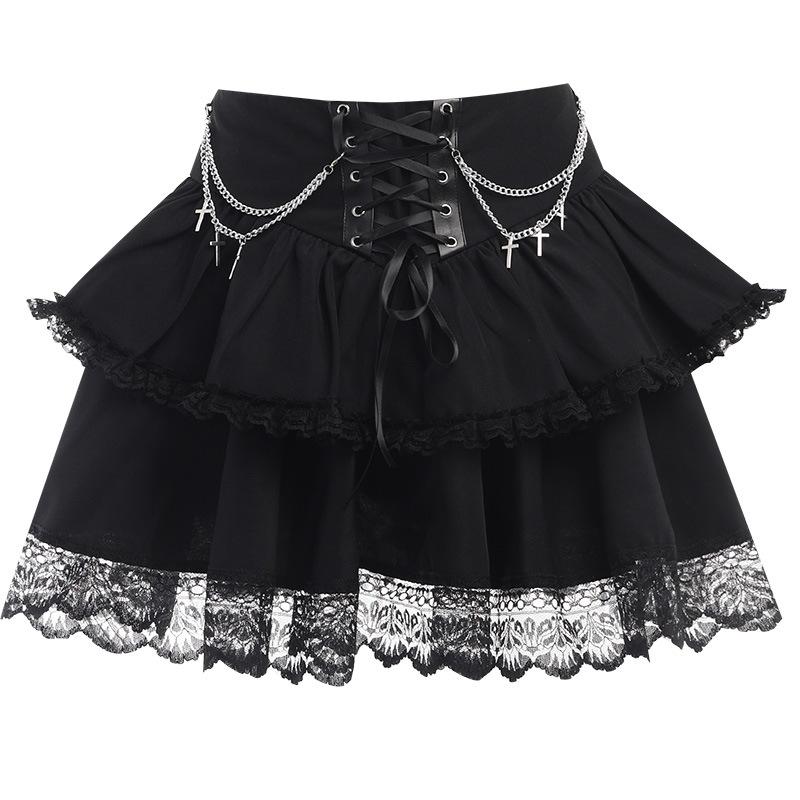 acelimosf™-Ruched lace hem metal chain lace up zip-up mini skirt