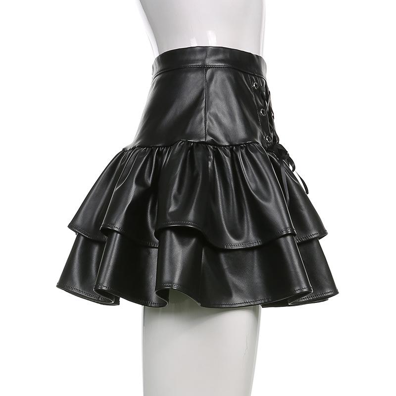 acelimosf™-Lace up PU leather ruffle zip-up A line mini skirt