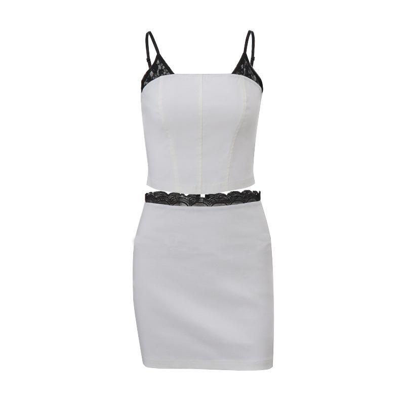 acelimosf™-Square neck lace patchwork zip-up backless contrast mini skirt set
