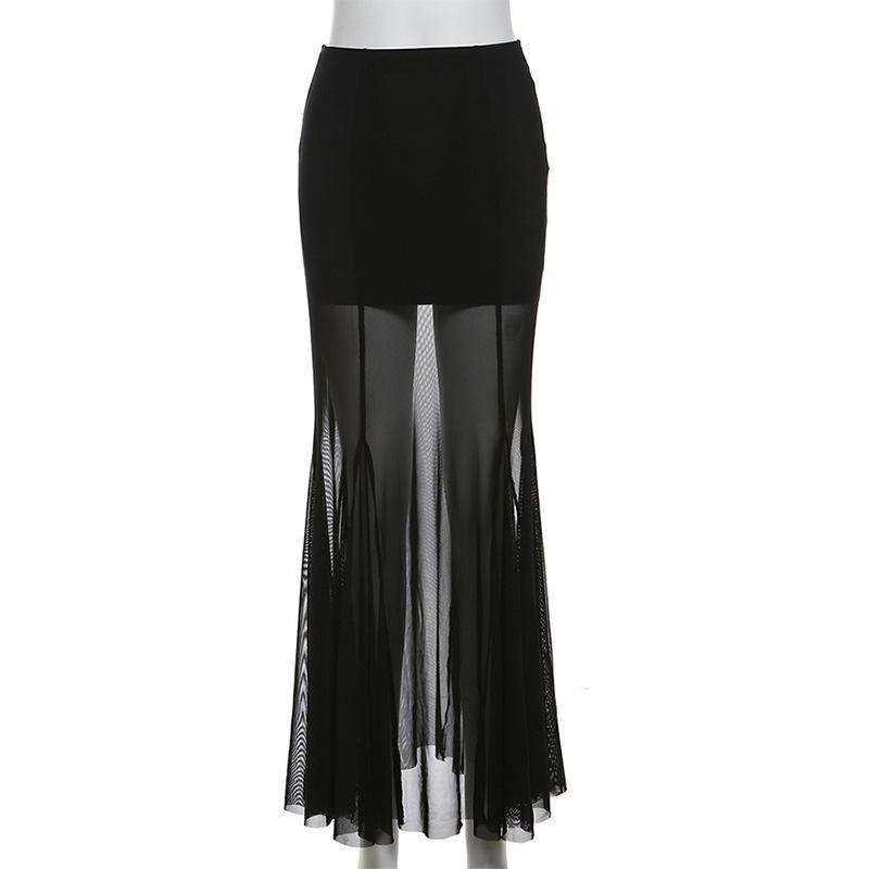 acelimosf™-Mesh patchwork stitch solid maxi skirt