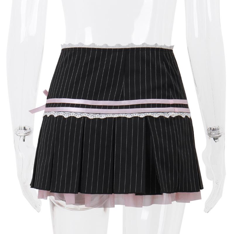 acelimosf™-Pleated striped button lace hem bowknot stitch mini skirt