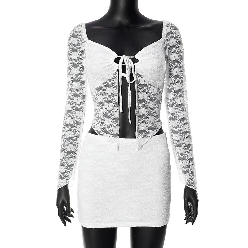 acelimosf™-Self tie long sleeve lace v neck mini skirt set