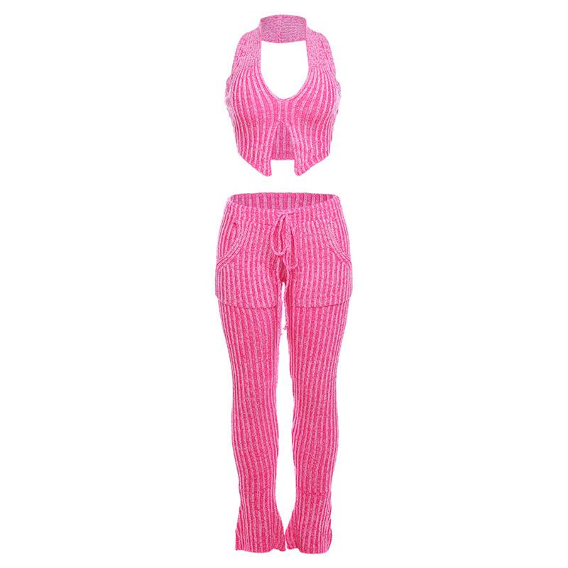 acelimosf™-Textured striped contrast halter slit pocket v neck pant set