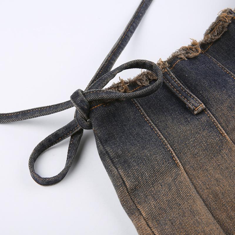 acelimosf™-Raw hem pleated contrast self tie denim mini skirt grunge 90s Streetwear Disheveled Chic Fashion grunge 90s Streetwear Distressed Fashion