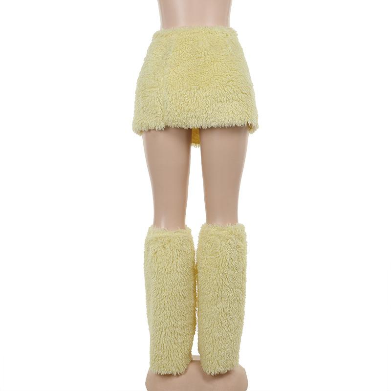acelimosf™-Fluffy slit leg warmer solid mini skirt