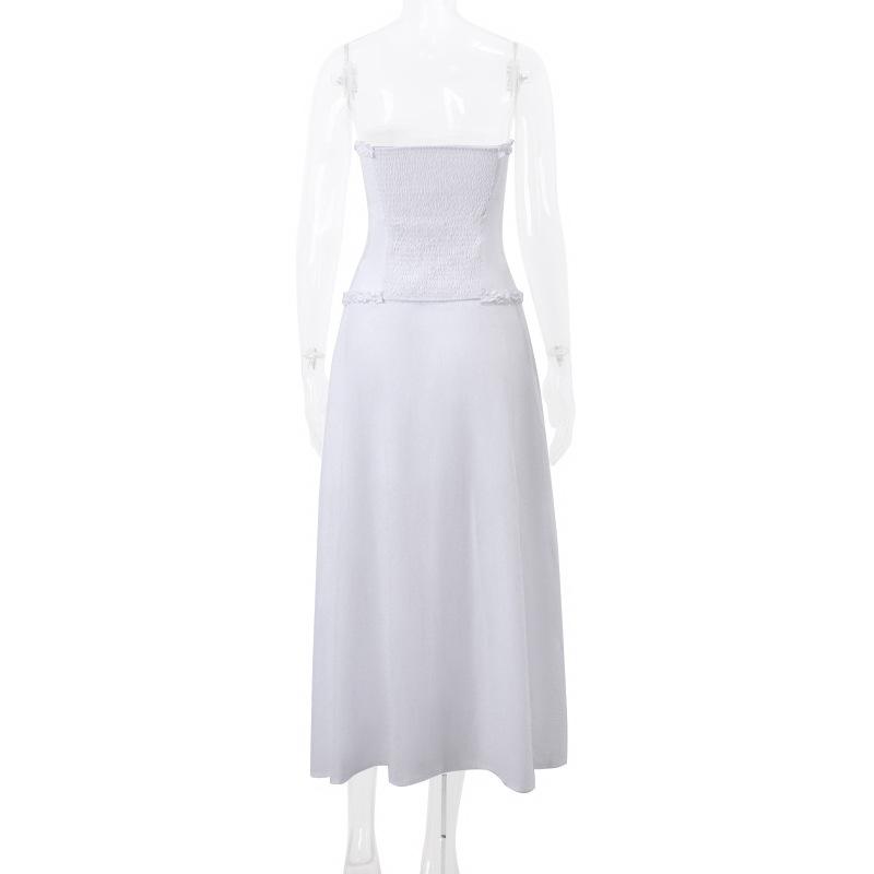 acelimosf™-Ruffle bowknot smocked zip-up backless solid tube midi skirt set