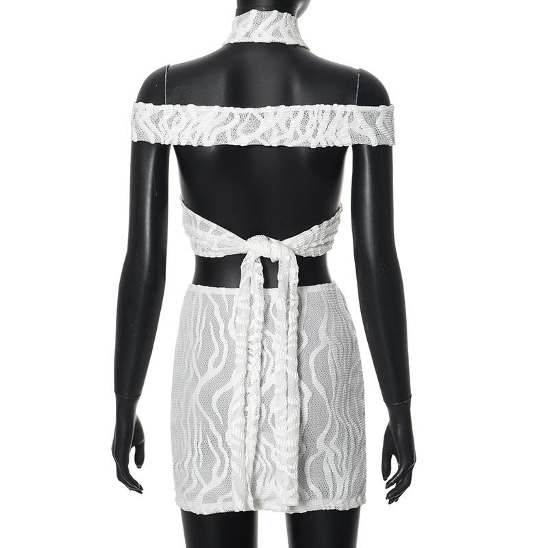 acelimosf™-Halter textured off shoulder knitted o ring mini skirt set