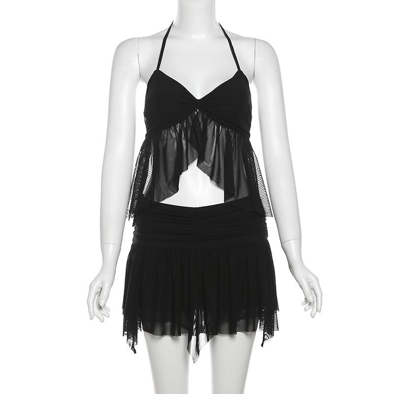 acelimosf™-Halter ruffle mesh v neck ruched mini skirt set