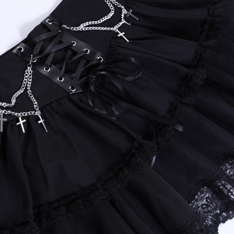 acelimosf™-Ruched lace hem metal chain lace up zip-up mini skirt