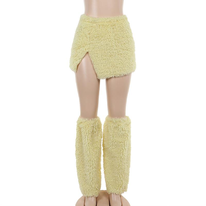 acelimosf™-Fluffy slit leg warmer solid mini skirt