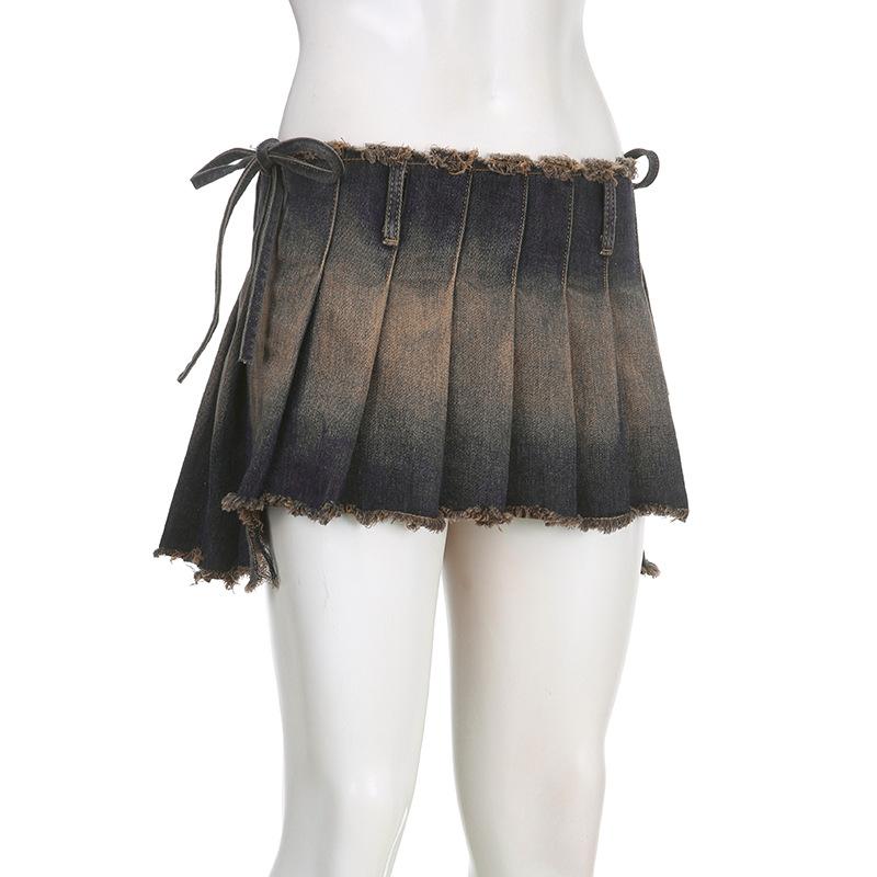 acelimosf™-Raw hem pleated contrast self tie denim mini skirt grunge 90s Streetwear Disheveled Chic Fashion grunge 90s Streetwear Distressed Fashion