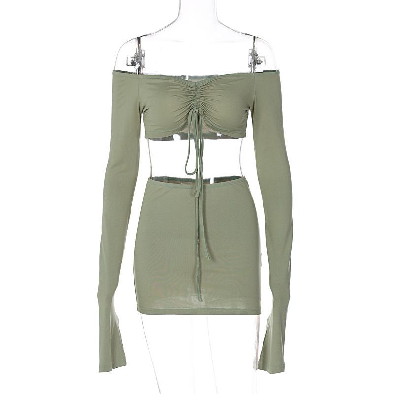 acelimosf™-Drawstring off shoulder long sleeve solid mini skirt set